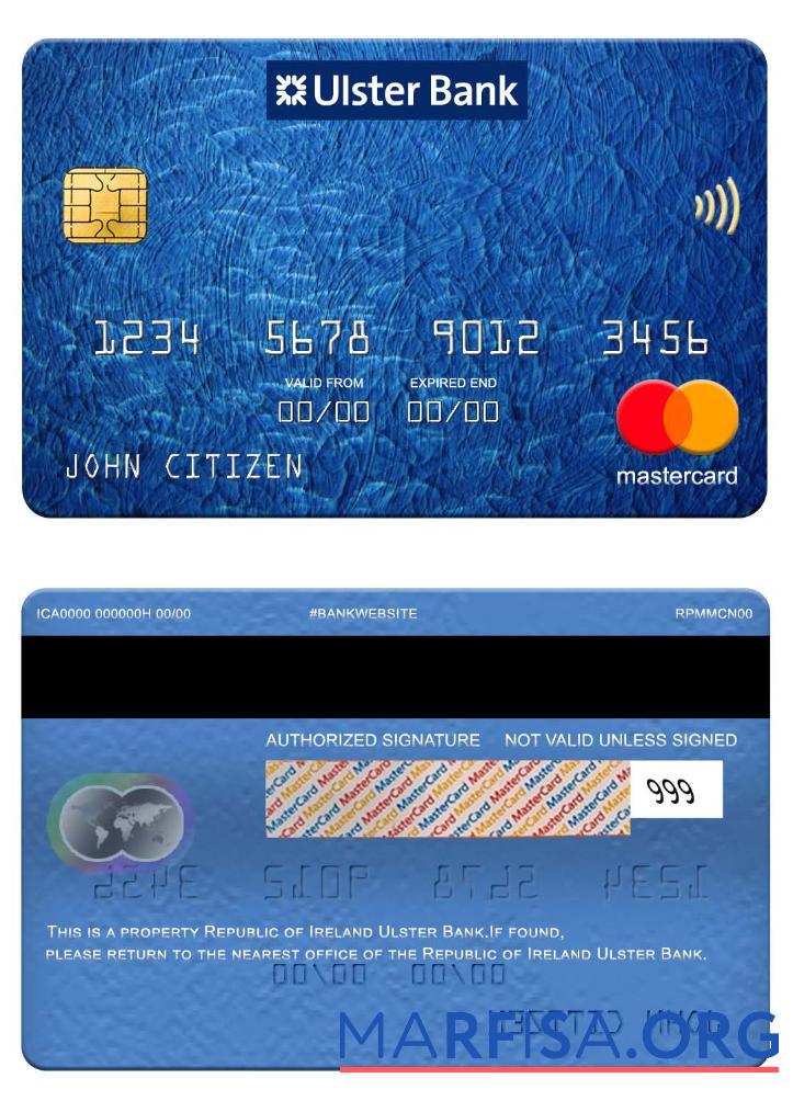 Printable Republic of Ireland Ulster Bank mastercard example